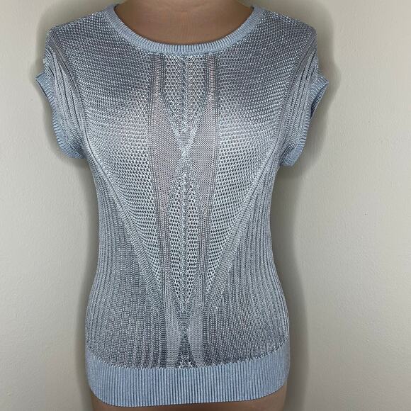 Elie Tahari Knit Top Small Womens Breezy Blue Short Sleeve Chic Versatile New - Picture 1 of 10